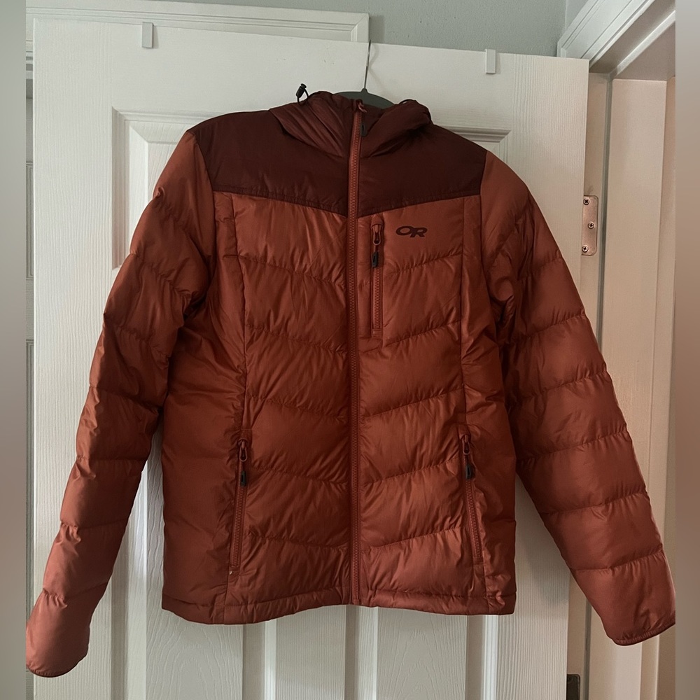 Outdoor Research Transcendent Down Hoodie in Alpenglow/Madder